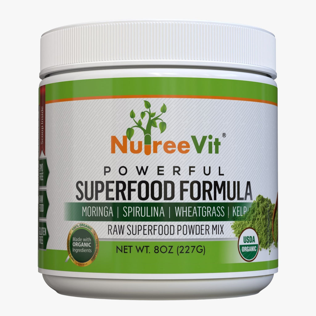 Pure Organic SuperFood Powder Mix – Moringa Spirulina Wheatrgrass Kelp – 4oz-8oz